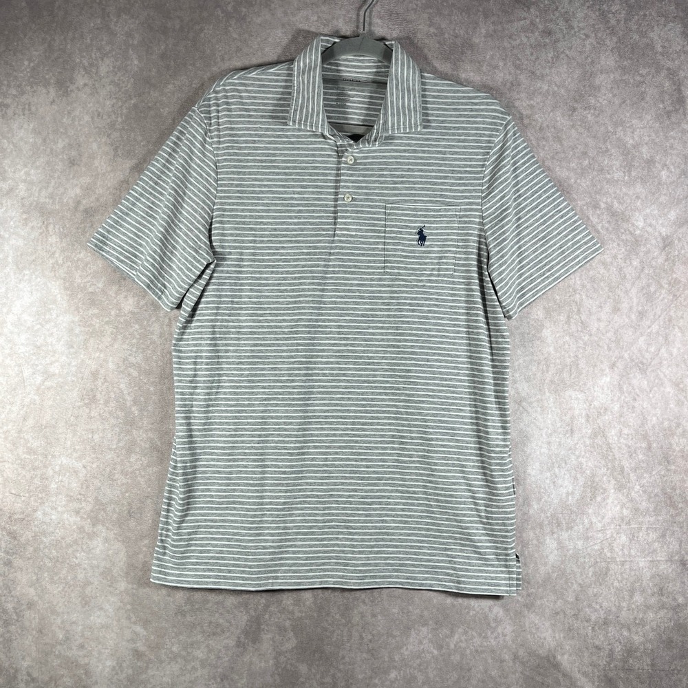Polo Ralph Lauren Performance Polo Shirt Mens Medium Gray Striped Classic Fit